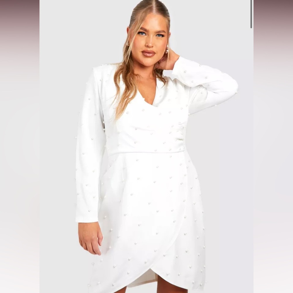 Boohoo White Wrap Pearl Dress